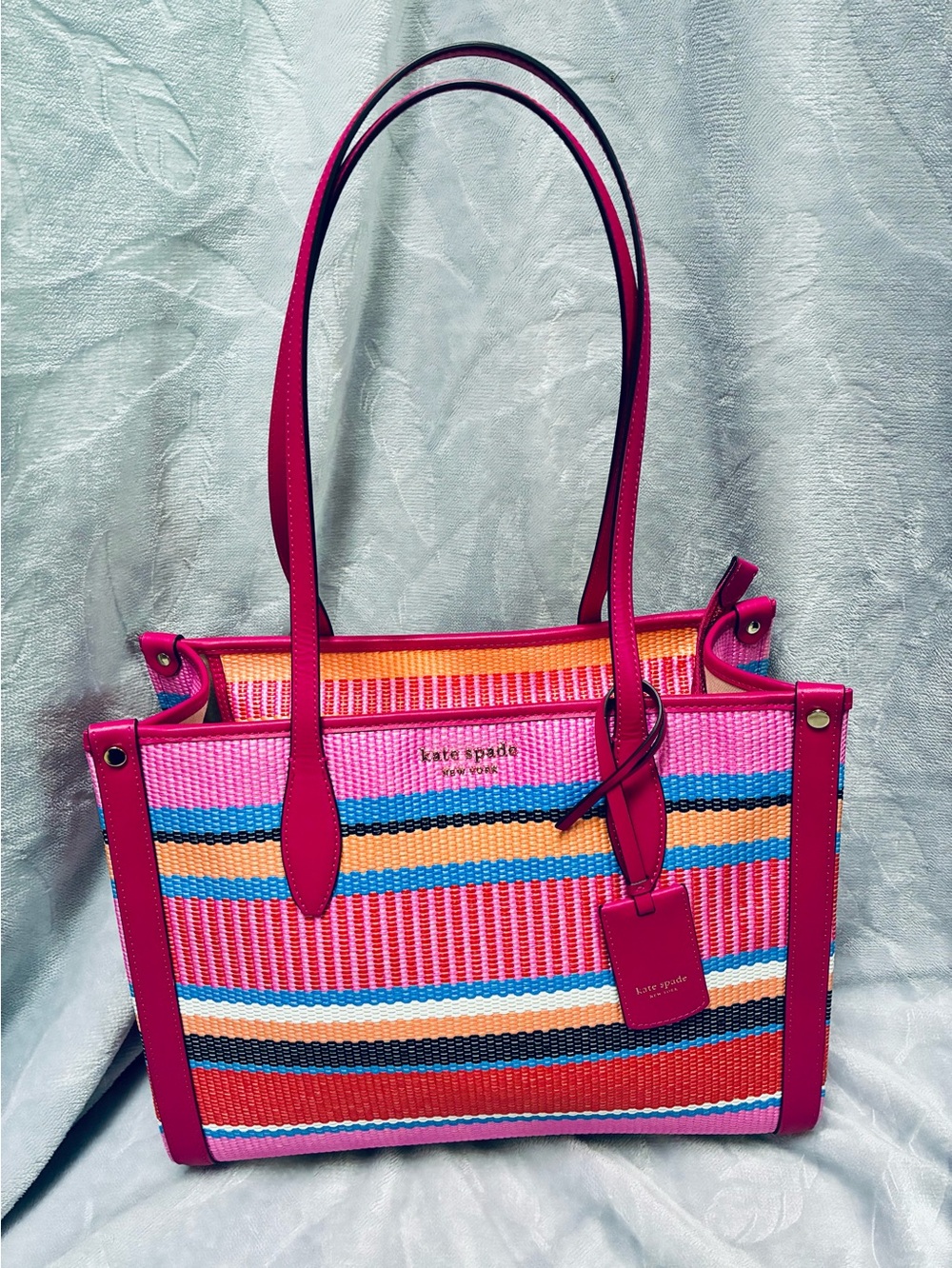 Kate Spade Hot Pink Market Multicolor Striped Large Tote with Pink Dust Bag